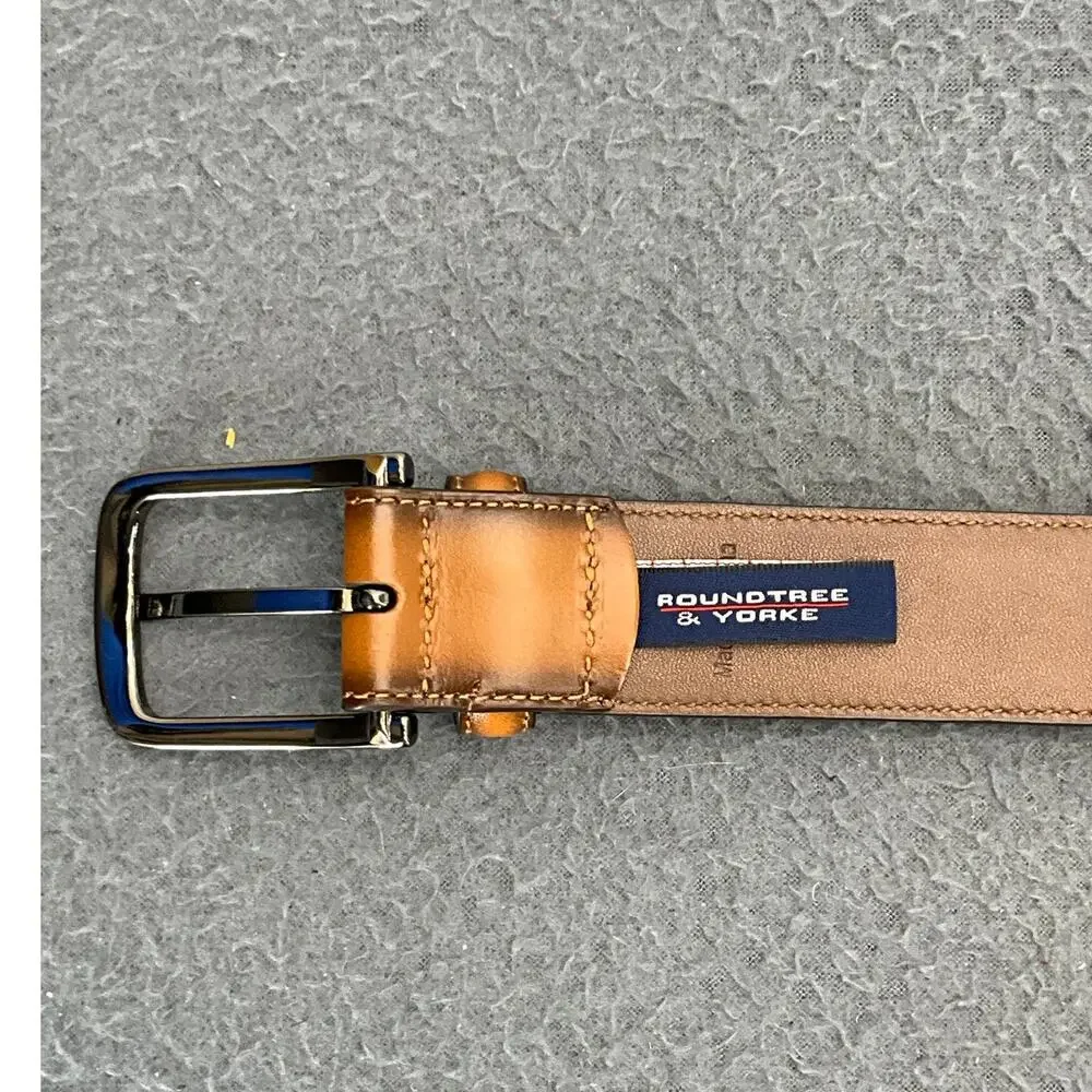Roundtree & Yorke Brown Leather Belt Brushed Nickel Buckle Men 33.5”-37.5”